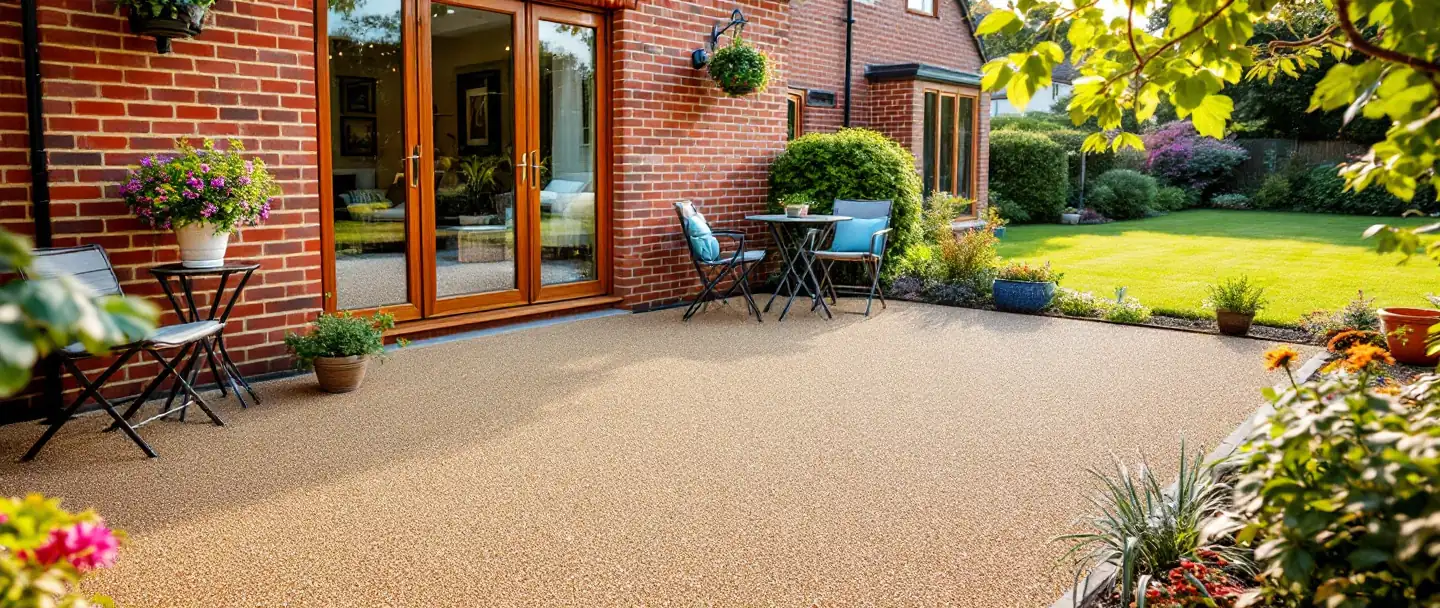 Resin bound patio laid outside French doors in a back garden